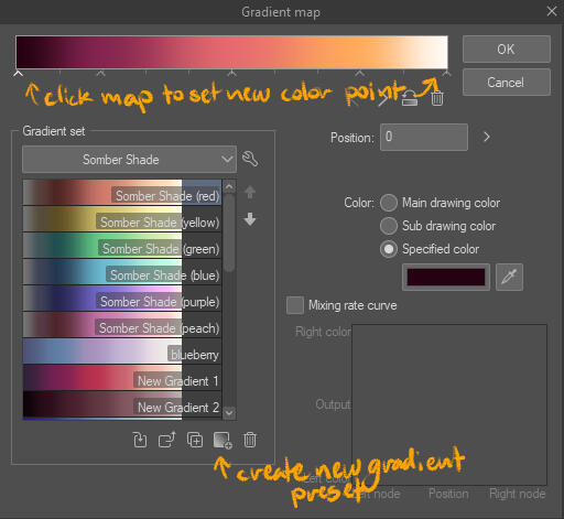 screenshot three: the gradient map dialogue box with some notes. the map is labeled "click map to set new color points"