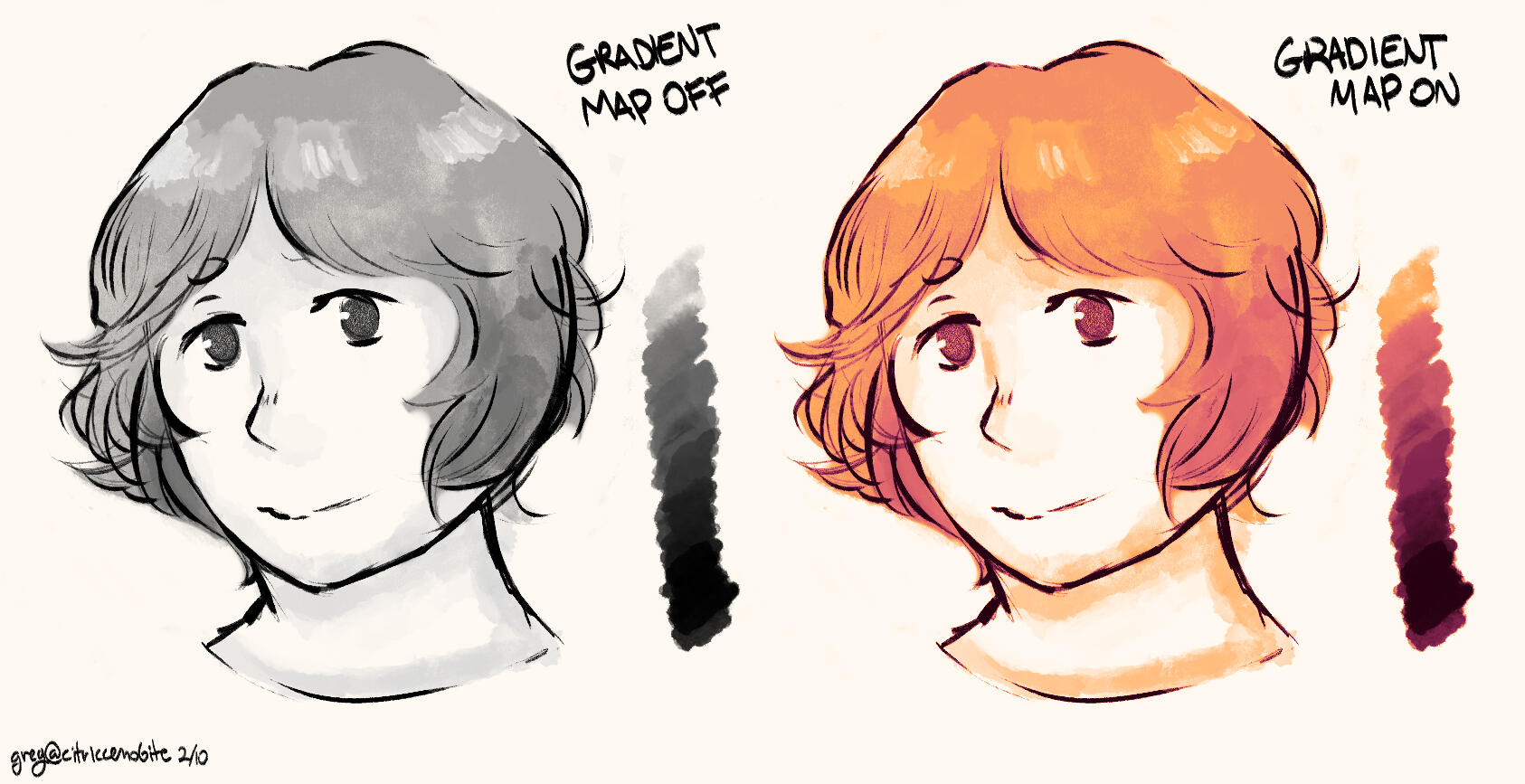 screenshot four: a drawing of a girl and a squiggle that gets progressively darker as it moves down the page, in both grayscale and color